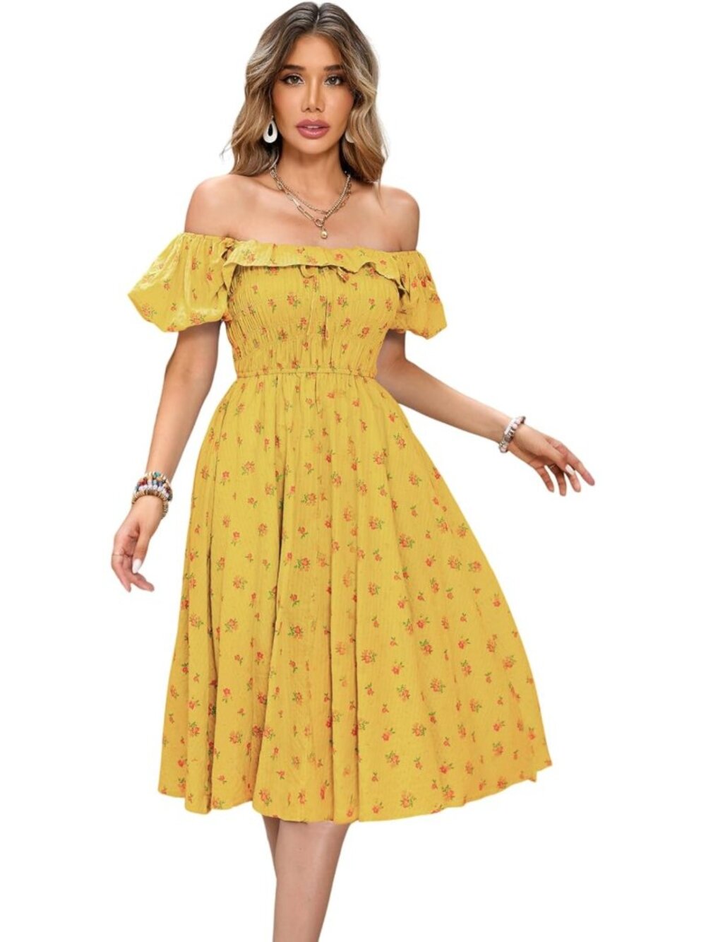 Floral Print Puff Sleeve Midi Dress for Women - Perfect Summer Style & Comfort